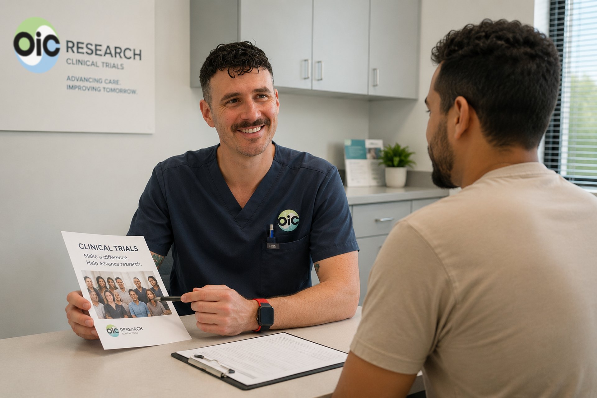 OIC research team member discussing a clinical trial with a participant