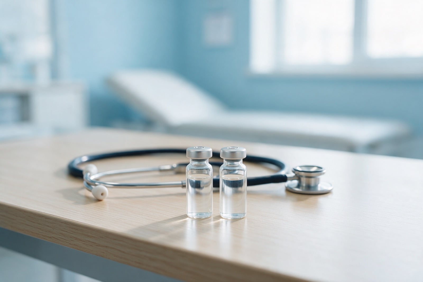 Two medicine vials and a stethoscope on a clinic desk, DAYBREAK HIV study at OIC Research